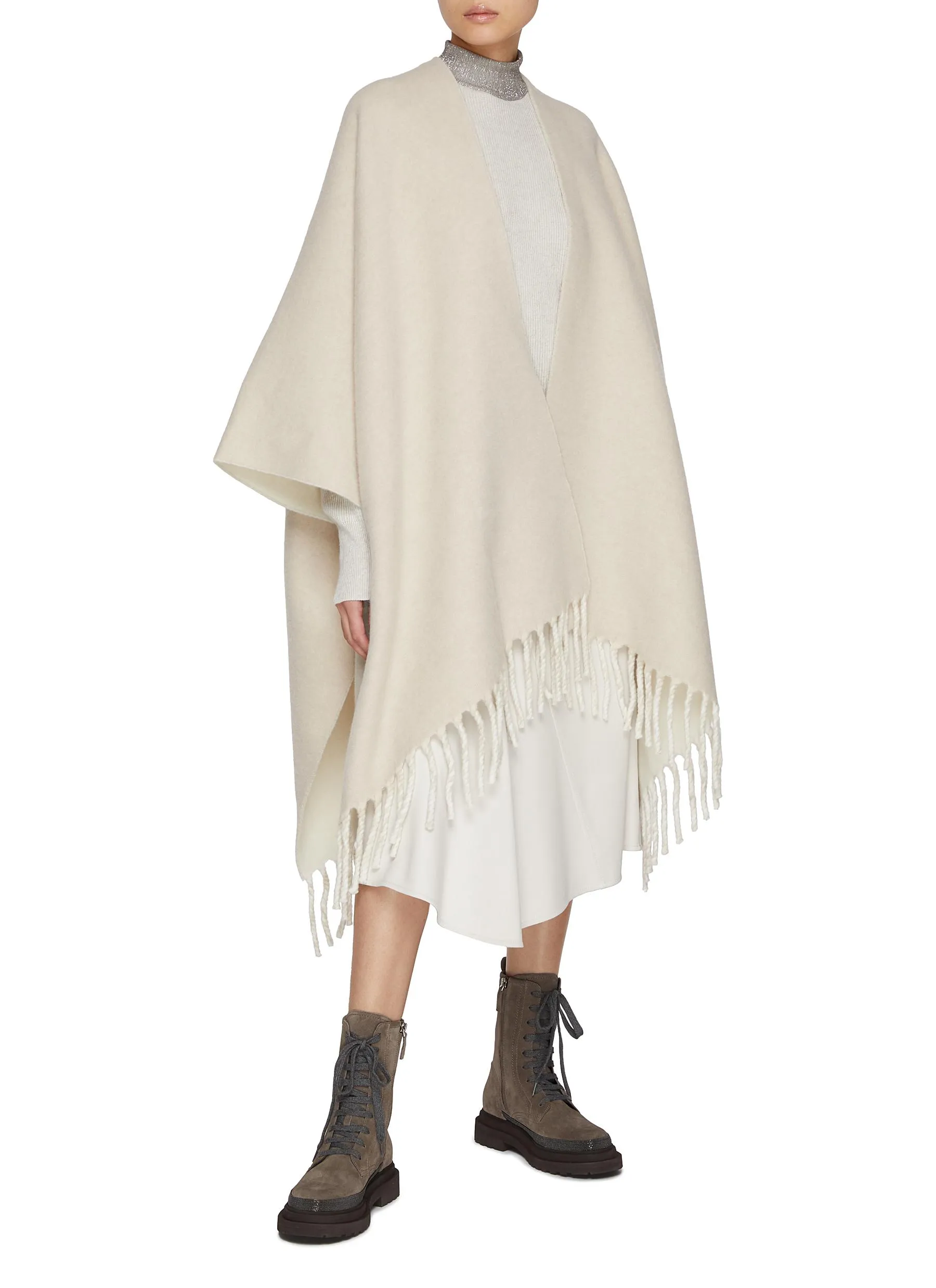 Brunello Cucinelli Aperto Fringe Hem Cashmere Wool Poncho