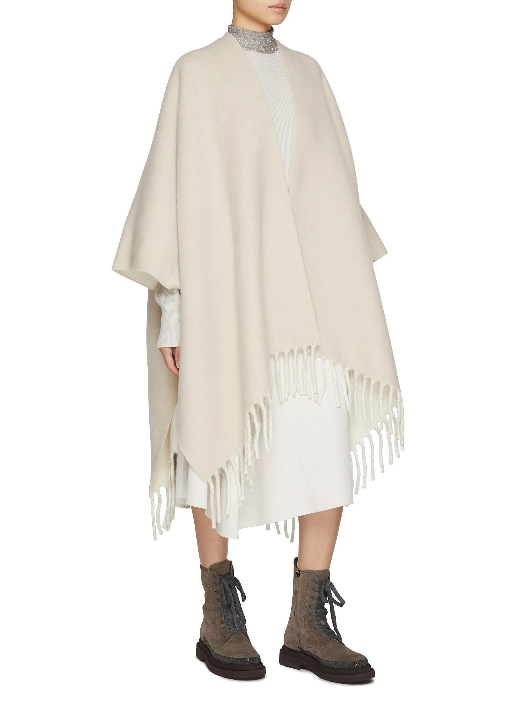 Brunello Cucinelli Aperto Fringe Hem Cashmere Wool Poncho