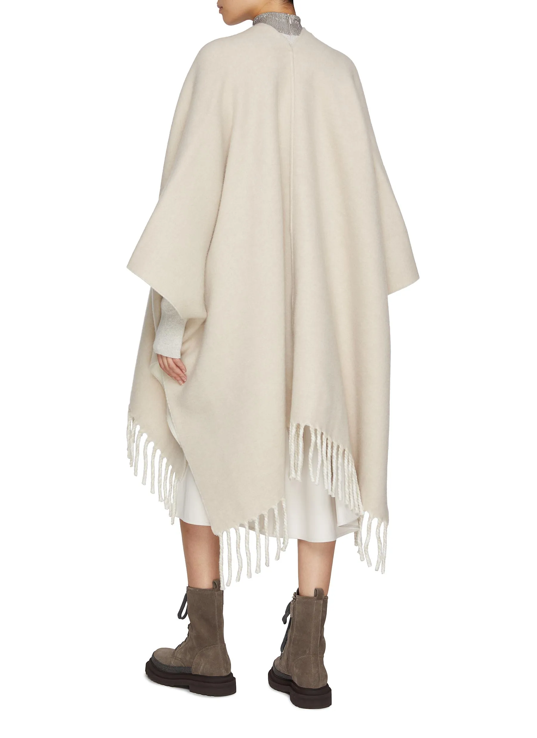 Brunello Cucinelli Aperto Fringe Hem Cashmere Wool Poncho