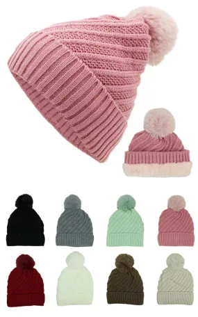 12pc Pack Winter Knit Beanie with Pompom Lining