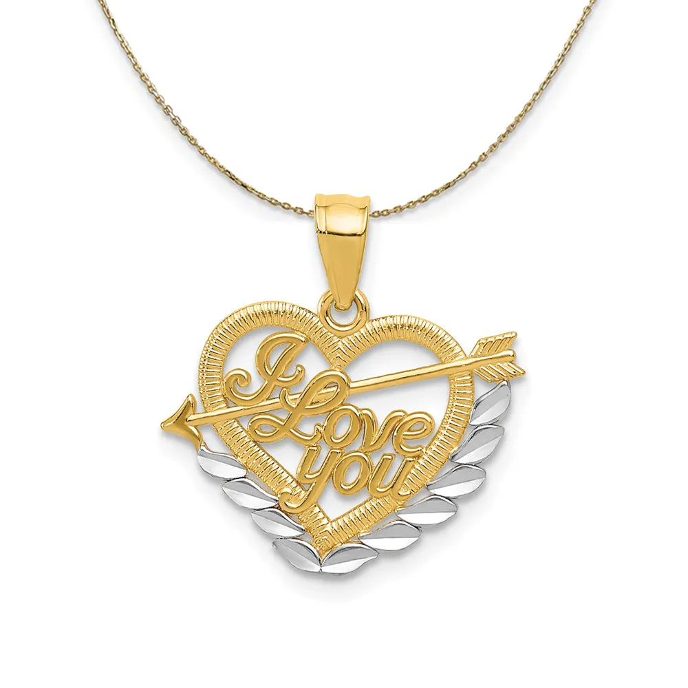 I Love You Heart, 17mm Necklace 14k Yellow Gold and Rhodium