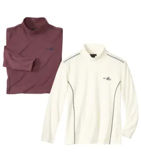 2-Pack Men's Plain Turtleneck Tops in Burgundy and Ecru