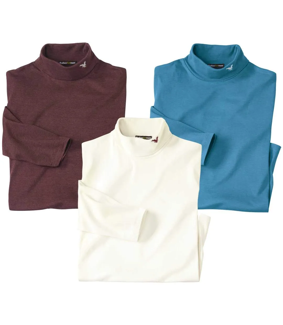 3-Pack Men's Turtleneck Tops in Blue, Burgundy, and Ecru