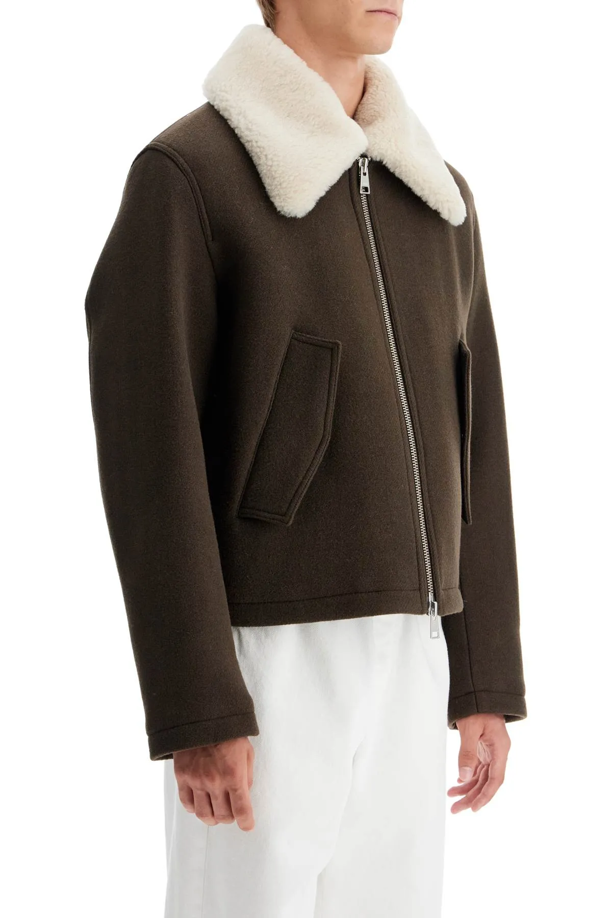 Ami Alexandre Matiussi Boxy Shearling Jacket With Collar   Brown