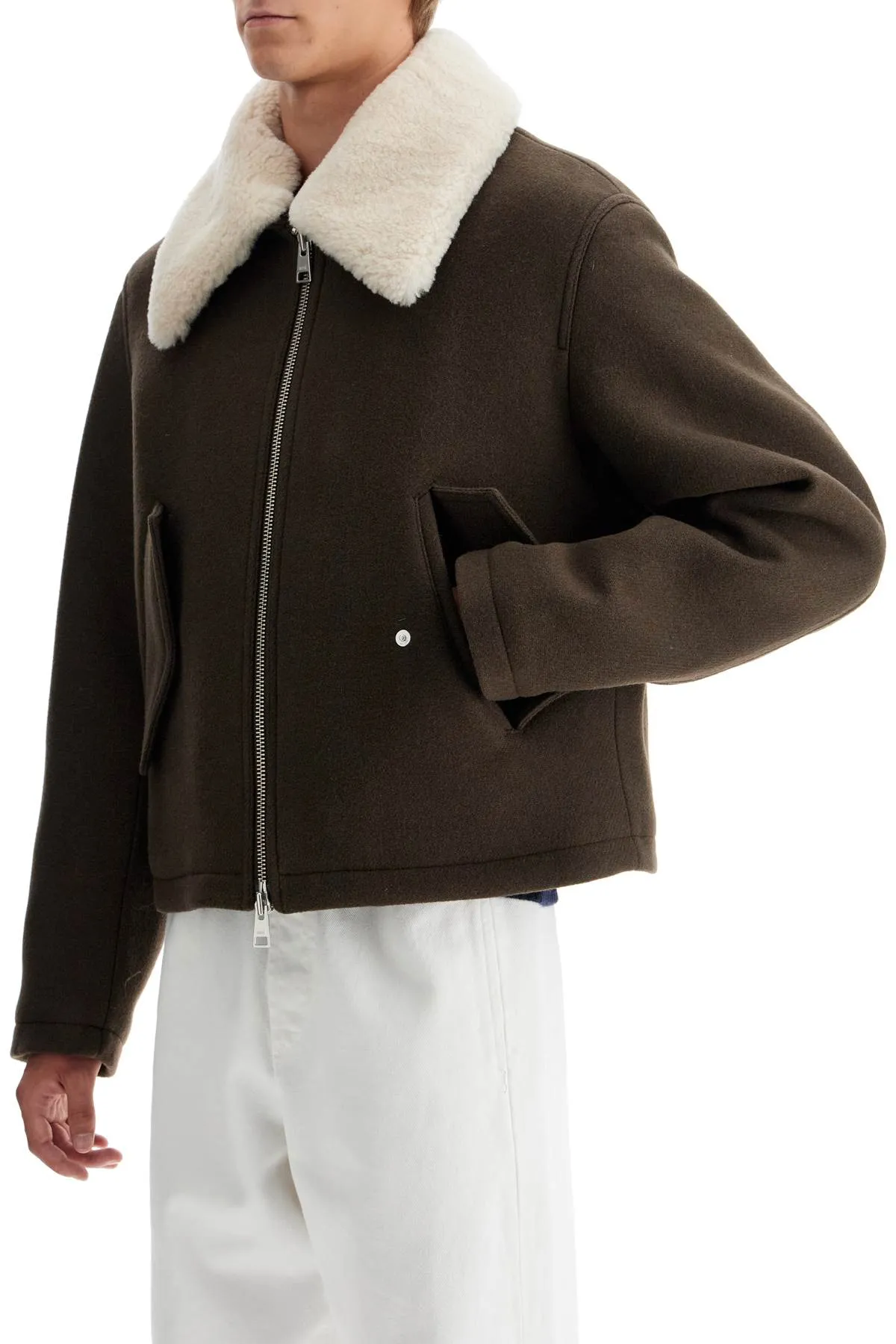 Ami Alexandre Matiussi Boxy Shearling Jacket With Collar   Brown