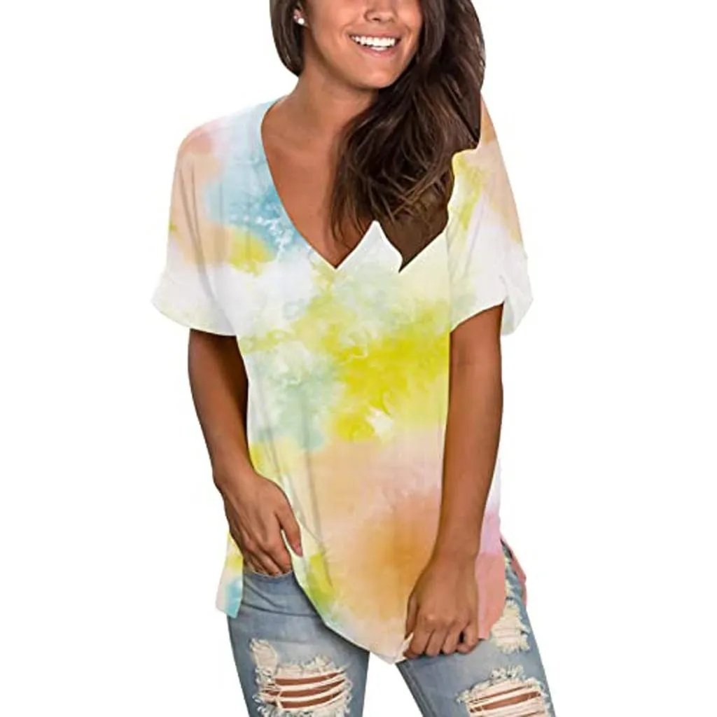 Colorful Gradient Tie Dye V-Neck Tee