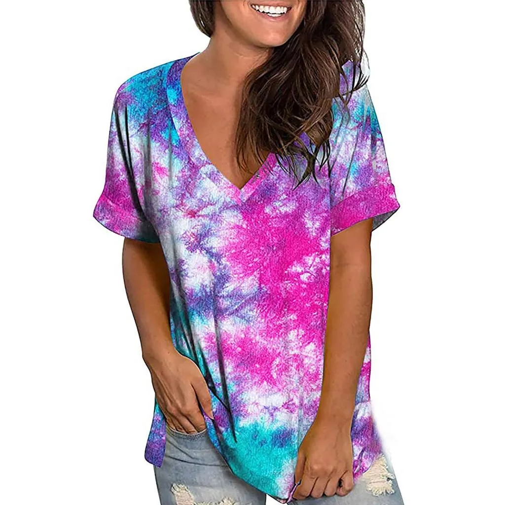 Colorful Gradient Tie Dye V-Neck Tee