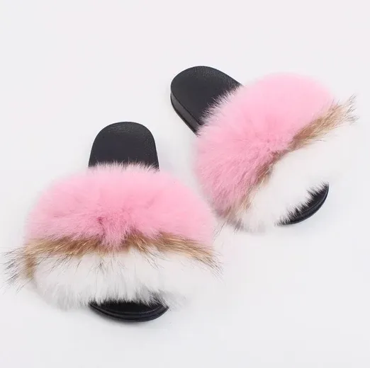 Baby Pink White Real Fur Slippers