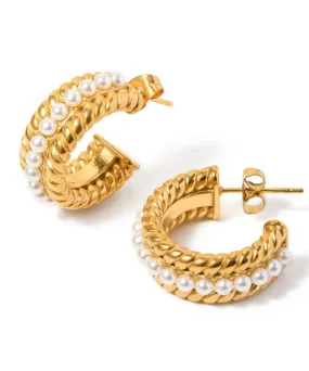 Gold Cable Pearl Hoop Earrings