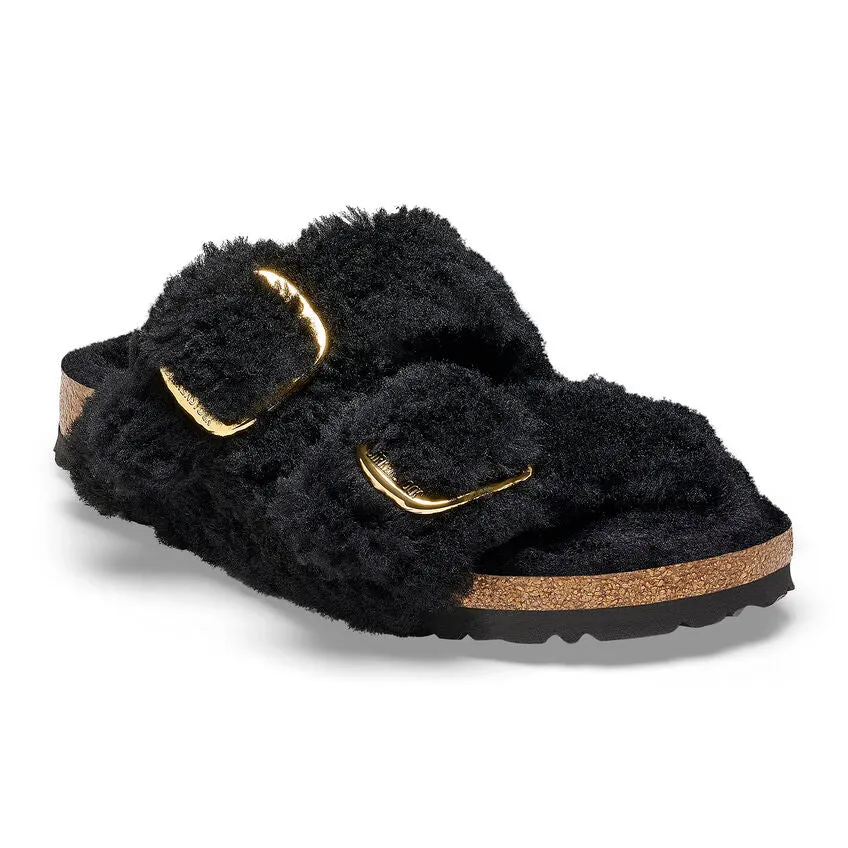 Teddy Black Gold Shearling Birkenstock Arizona with Big Buckle