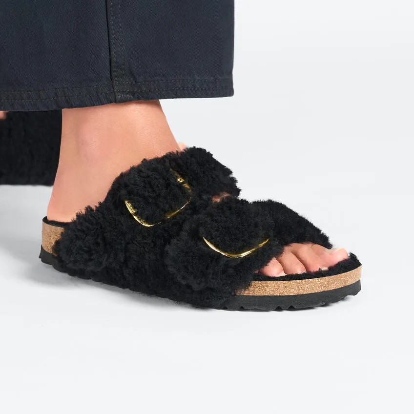 Teddy Black Gold Shearling Birkenstock Arizona with Big Buckle