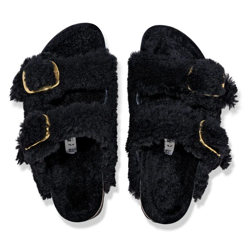 Teddy Black Gold Shearling Birkenstock Arizona with Big Buckle