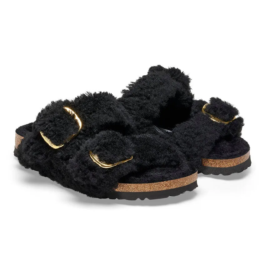 Teddy Black Gold Shearling Birkenstock Arizona with Big Buckle