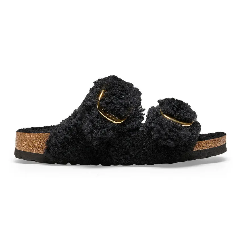 Teddy Black Gold Shearling Birkenstock Arizona with Big Buckle