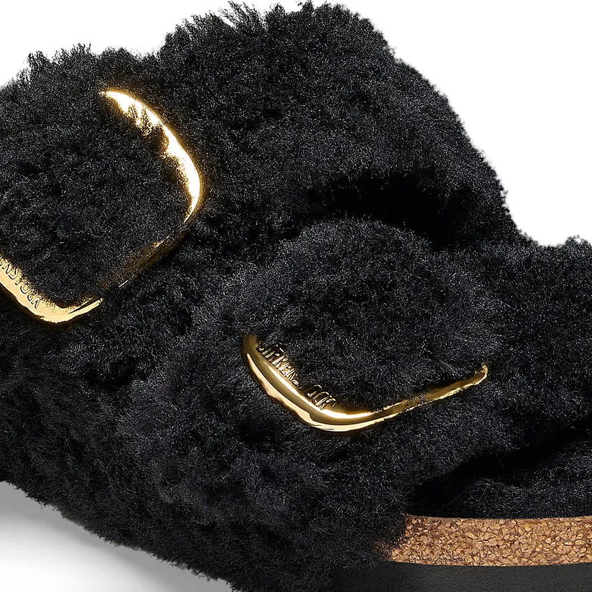 Teddy Black Gold Shearling Birkenstock Arizona with Big Buckle