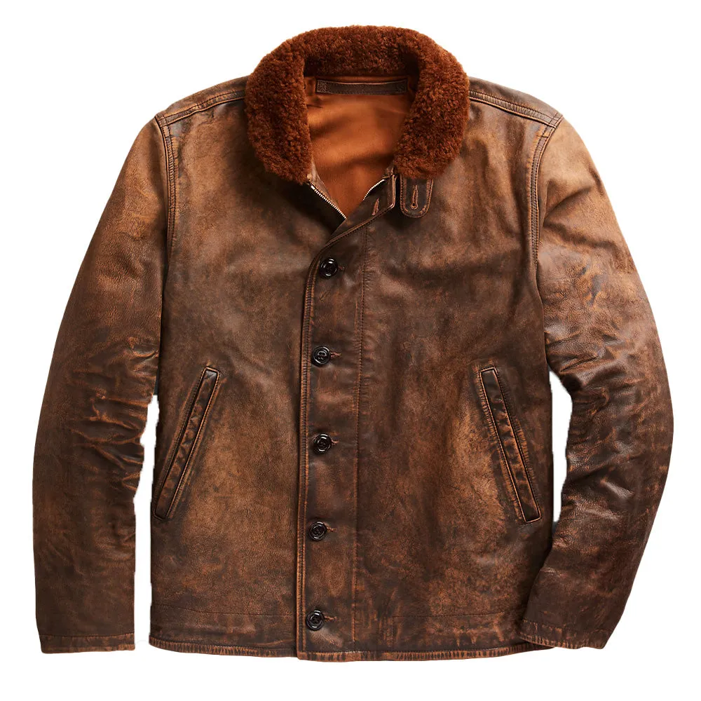 Elegant Leather Deck Jacket with Shearling Collar