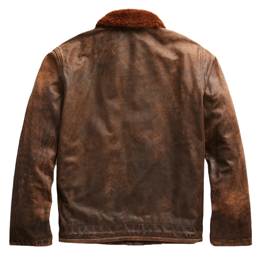 Elegant Leather Deck Jacket with Shearling Collar