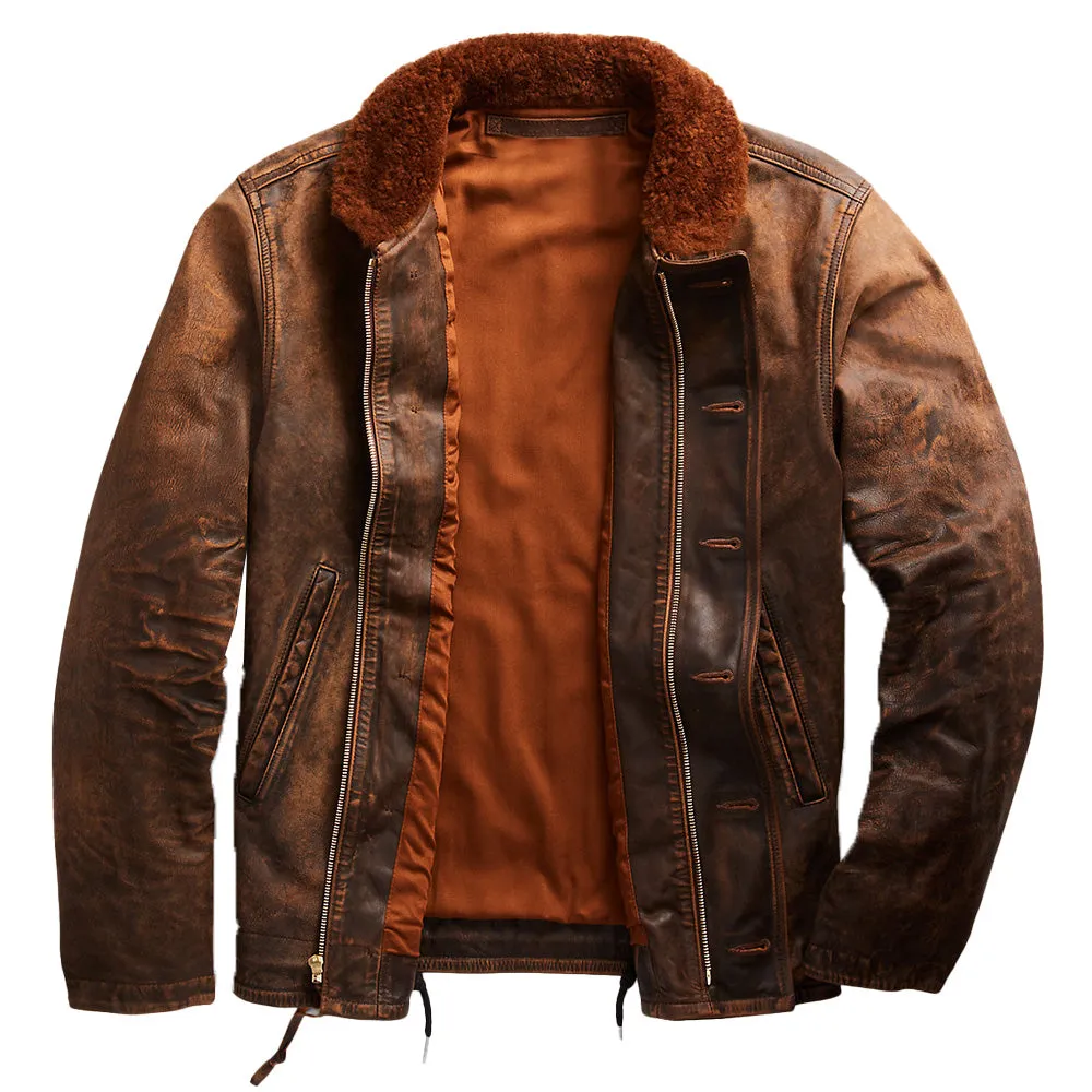 Elegant Leather Deck Jacket with Shearling Collar