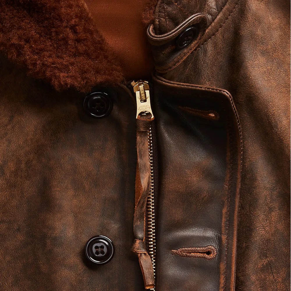 Elegant Leather Deck Jacket with Shearling Collar