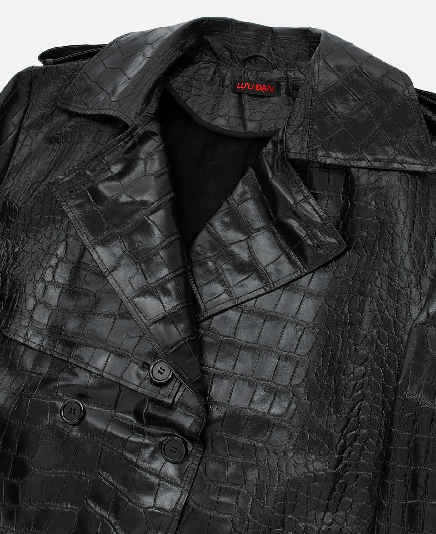 Black Faux Croco Leather Trench