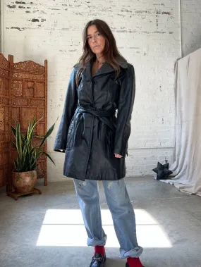 Black Leather Trench with Removable Liner Large