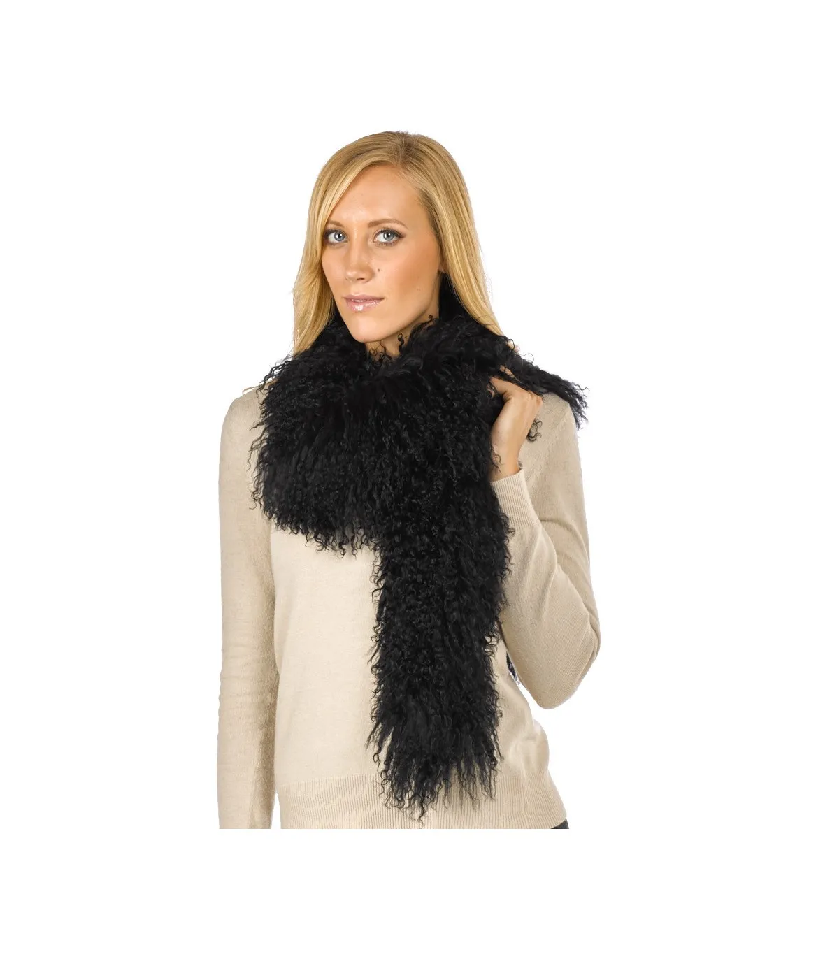 Black Mongolian Lamb Fur Scarf at FurHatWorld.com