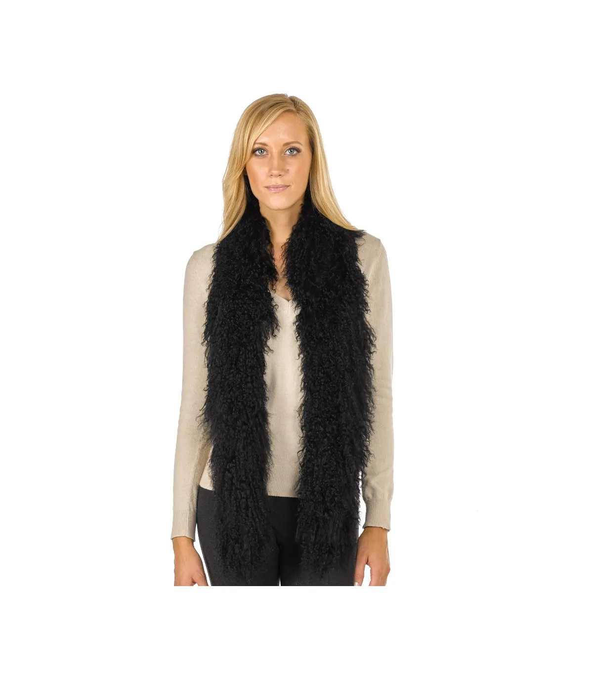 Black Mongolian Lamb Fur Scarf at FurHatWorld.com