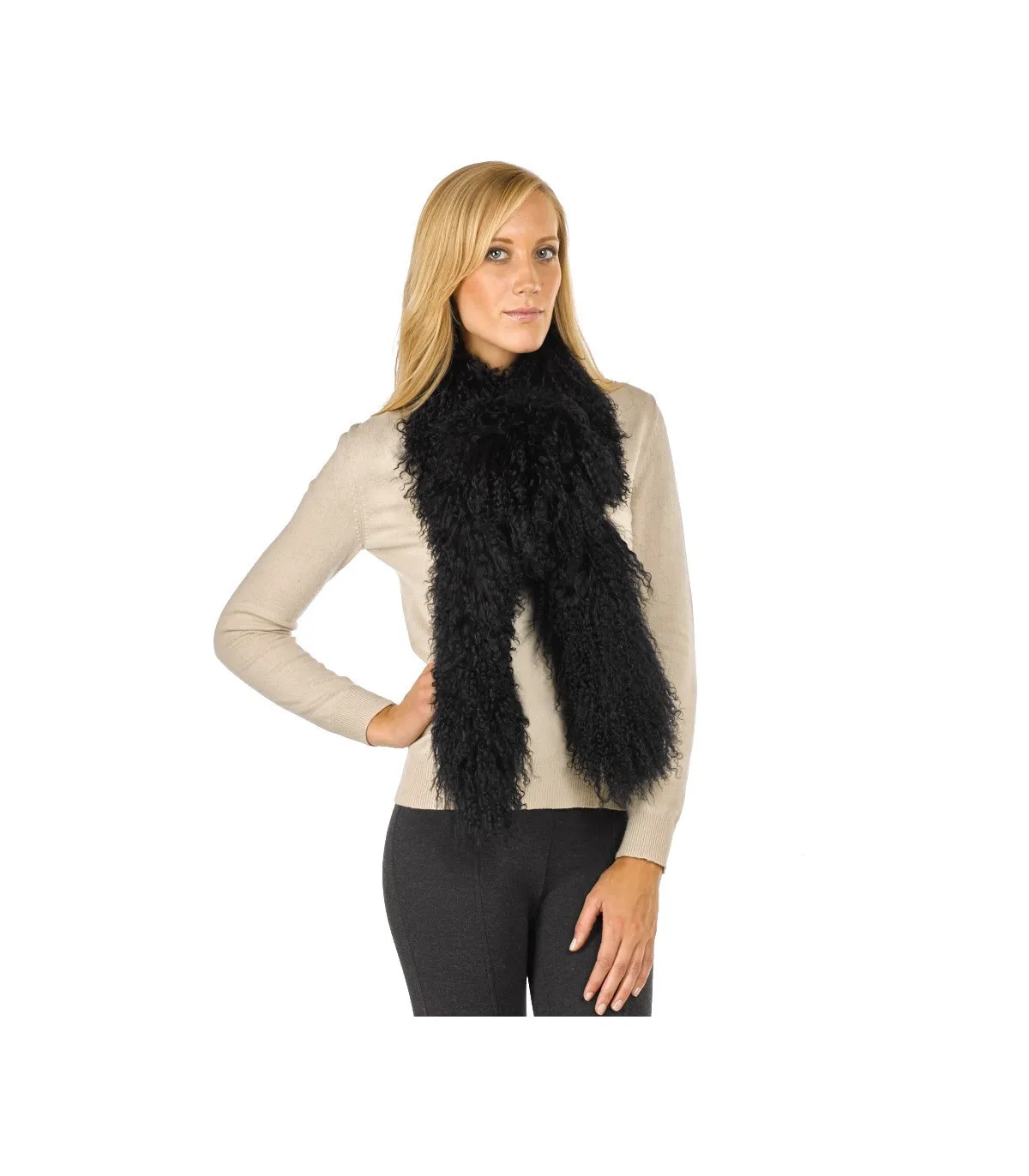 Black Mongolian Lamb Fur Scarf at FurHatWorld.com