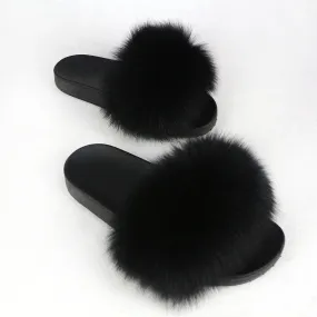 Black Real Polar Fox Fur Slippers