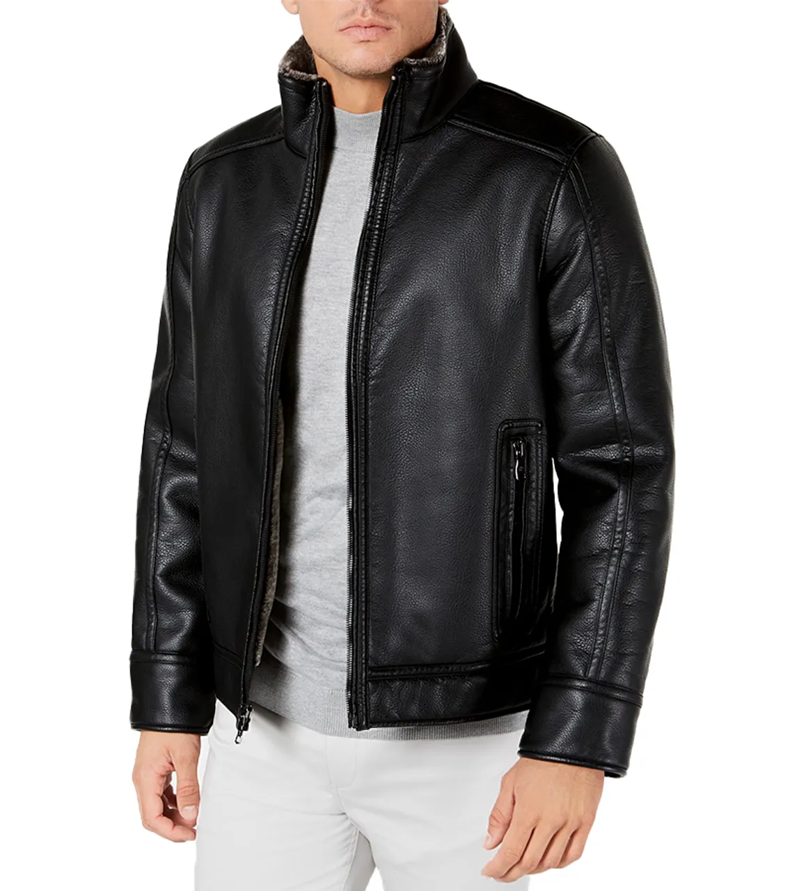 Men Black Shearling Aviator Leather Jacket