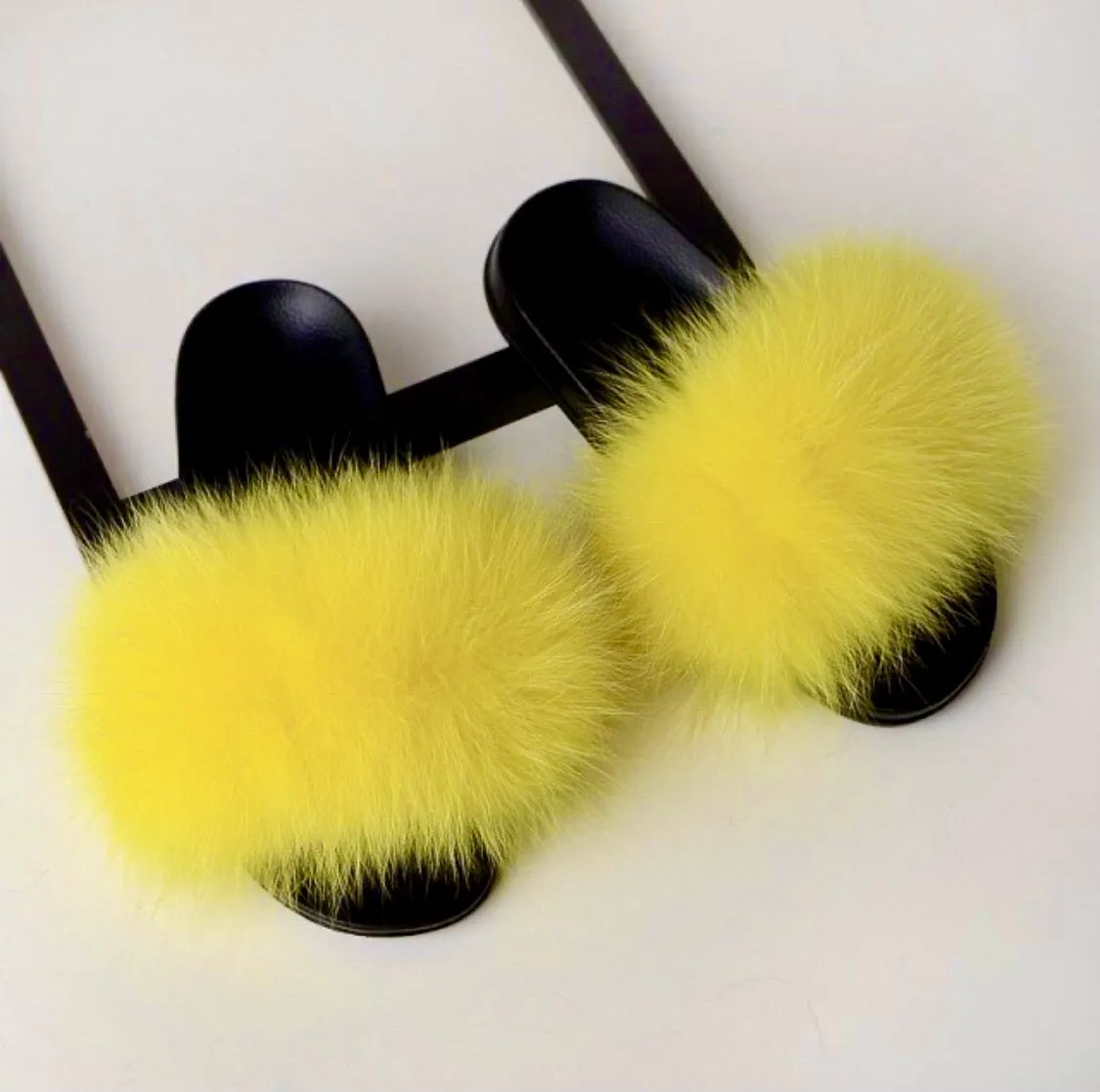 Bright Yellow Polar Fox Fur Slippers