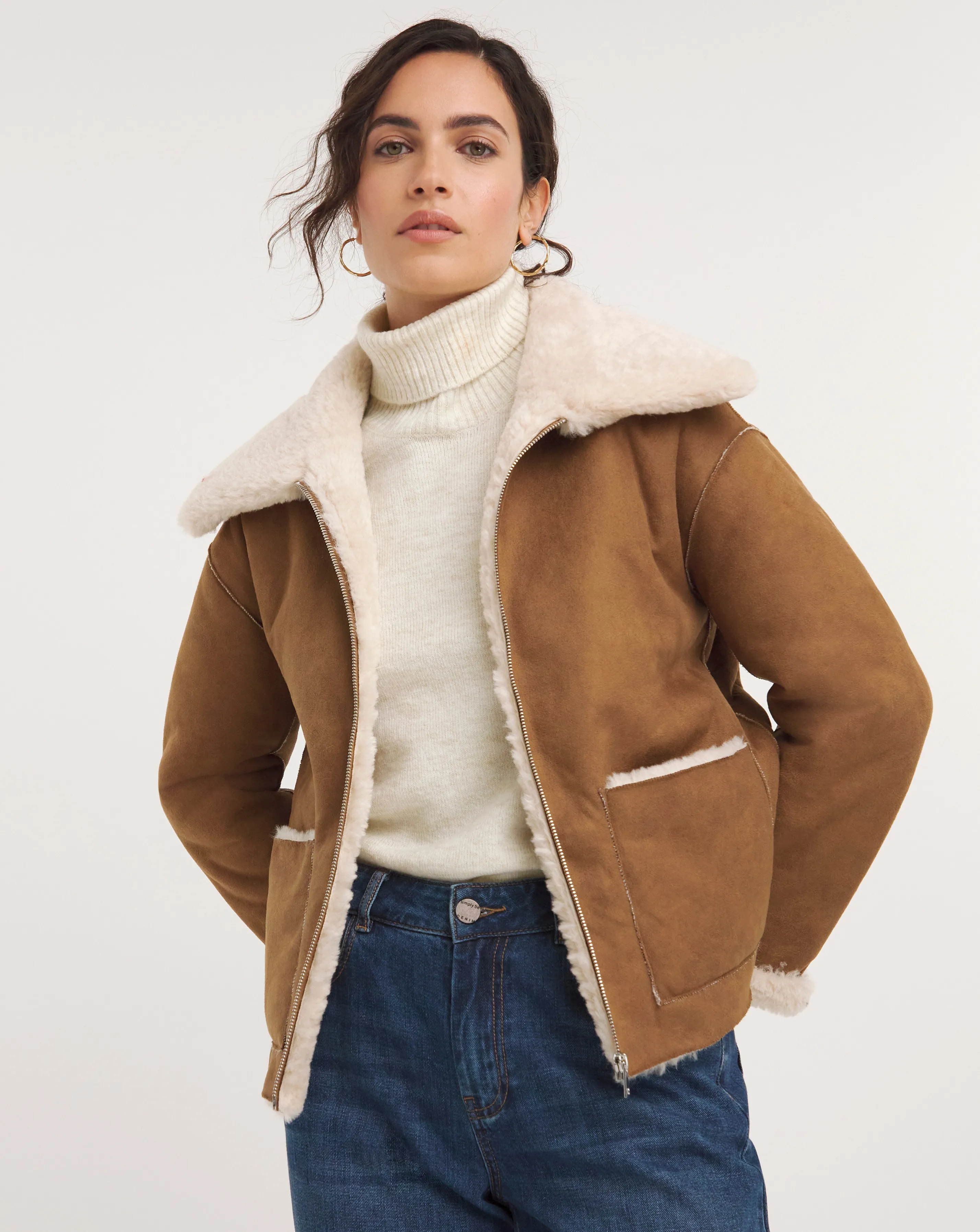 Brown Faux Shearling Aviator Jacket