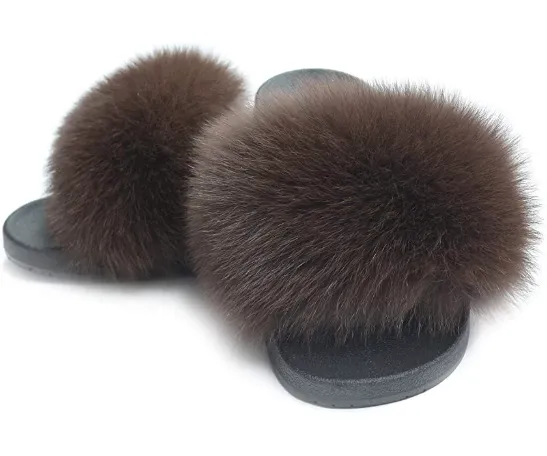 Brown Polar Fox Fur Slippers