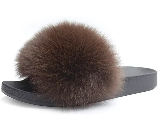 Brown Polar Fox Fur Slippers