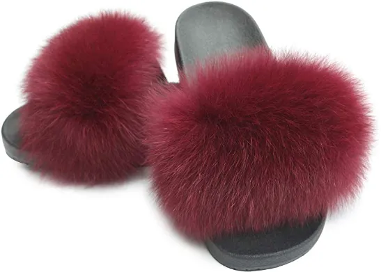 Burgundy Luxurious Polar Fox Fur Slippers