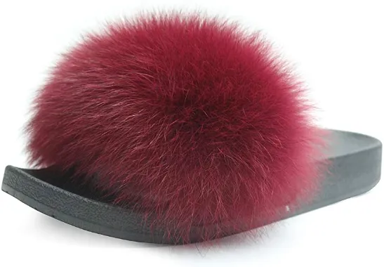 Burgundy Luxurious Polar Fox Fur Slippers