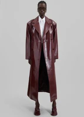 Burgundy Tina Crackled Faux Leather Trench Coat