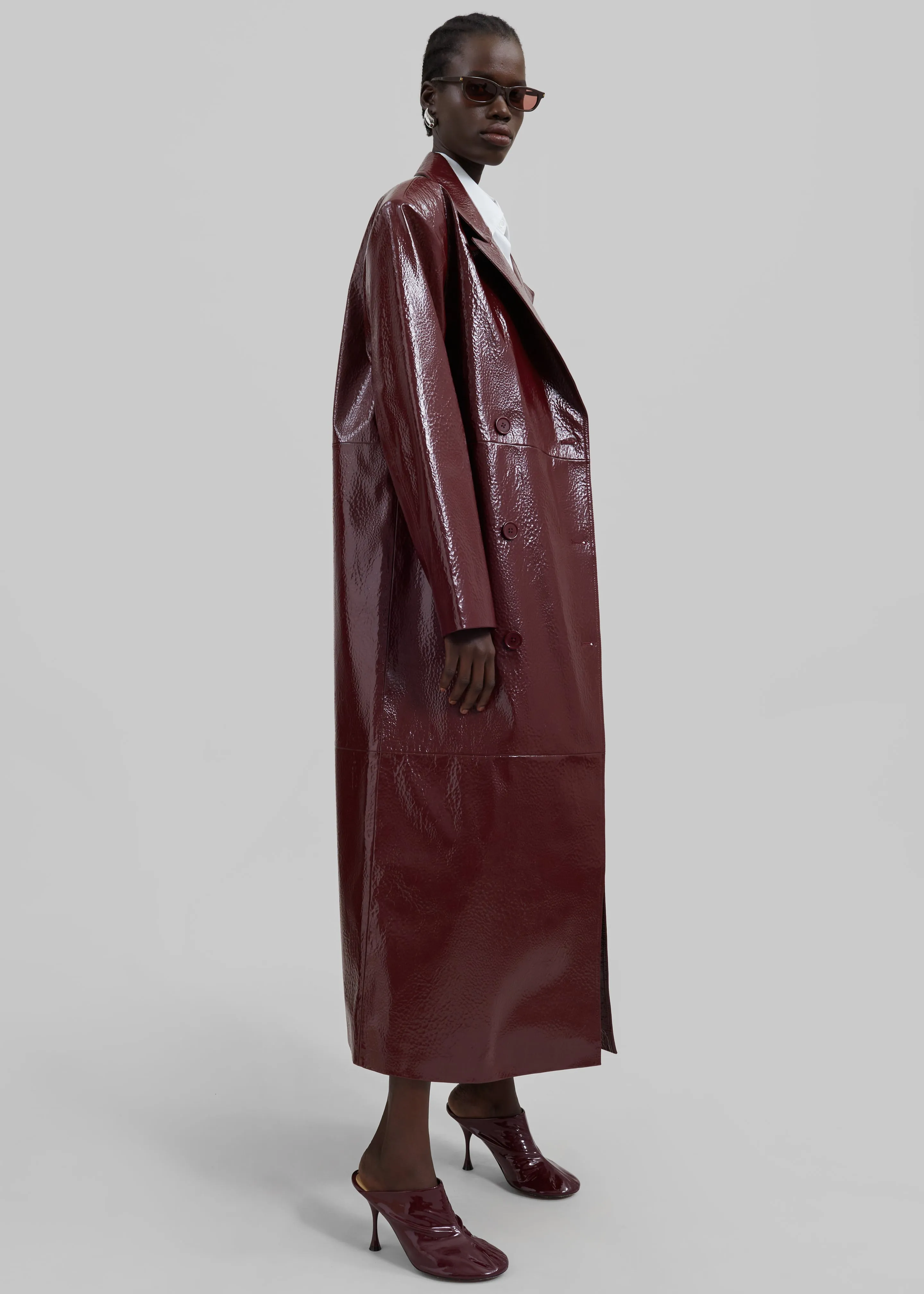 Burgundy Tina Crackled Faux Leather Trench Coat