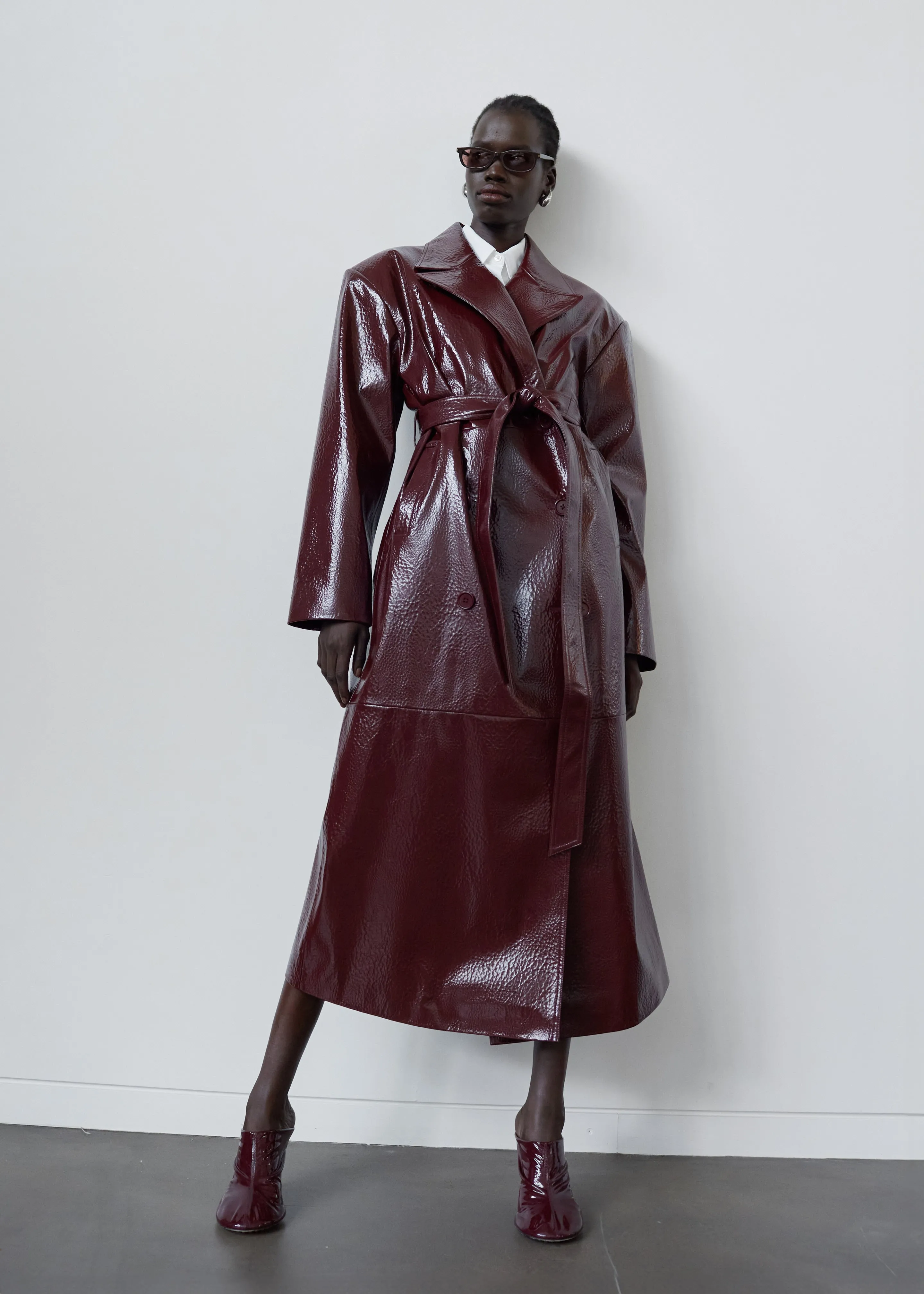 Burgundy Tina Crackled Faux Leather Trench Coat