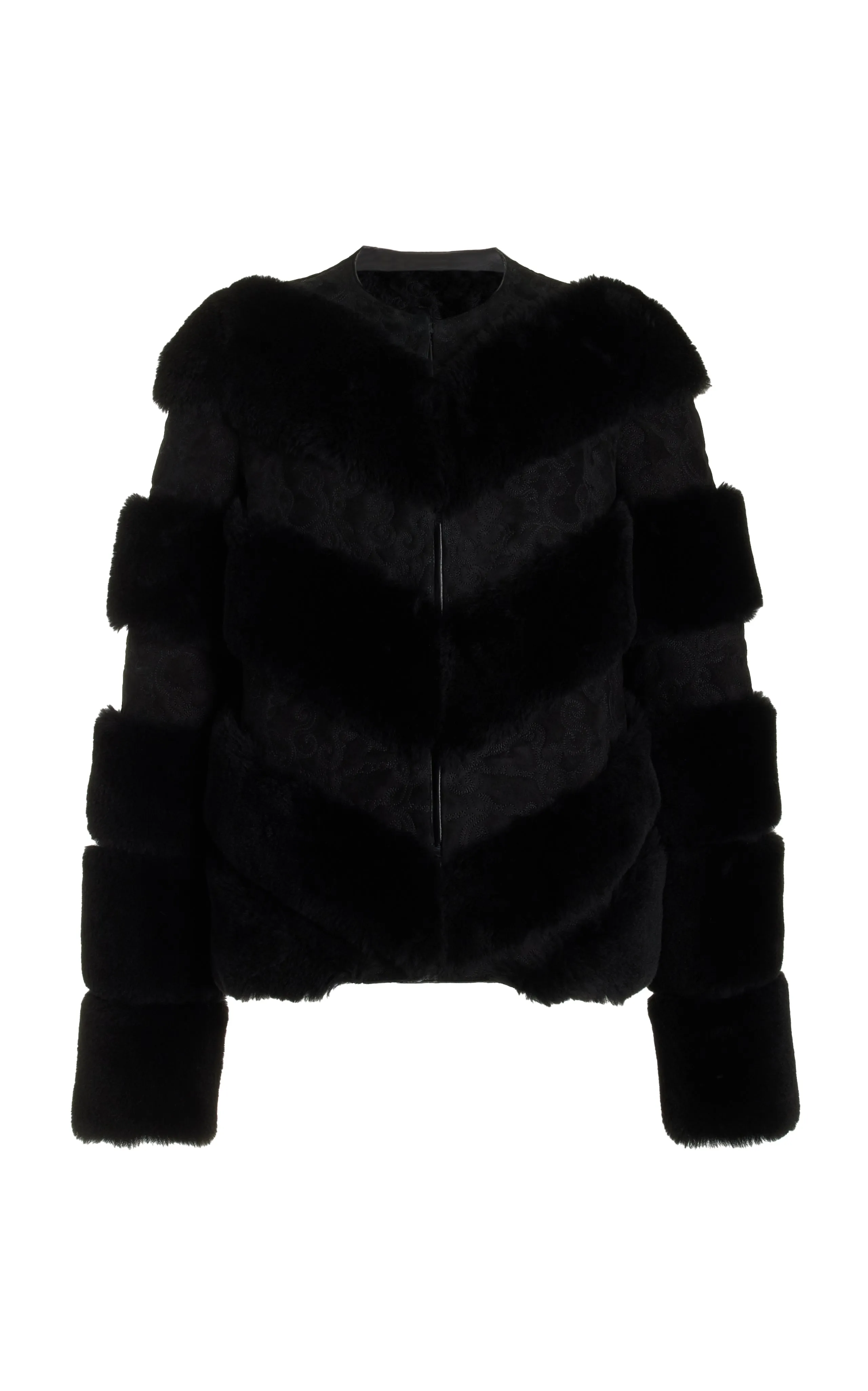 Embroidered Jacket in Black Suede with Shearling