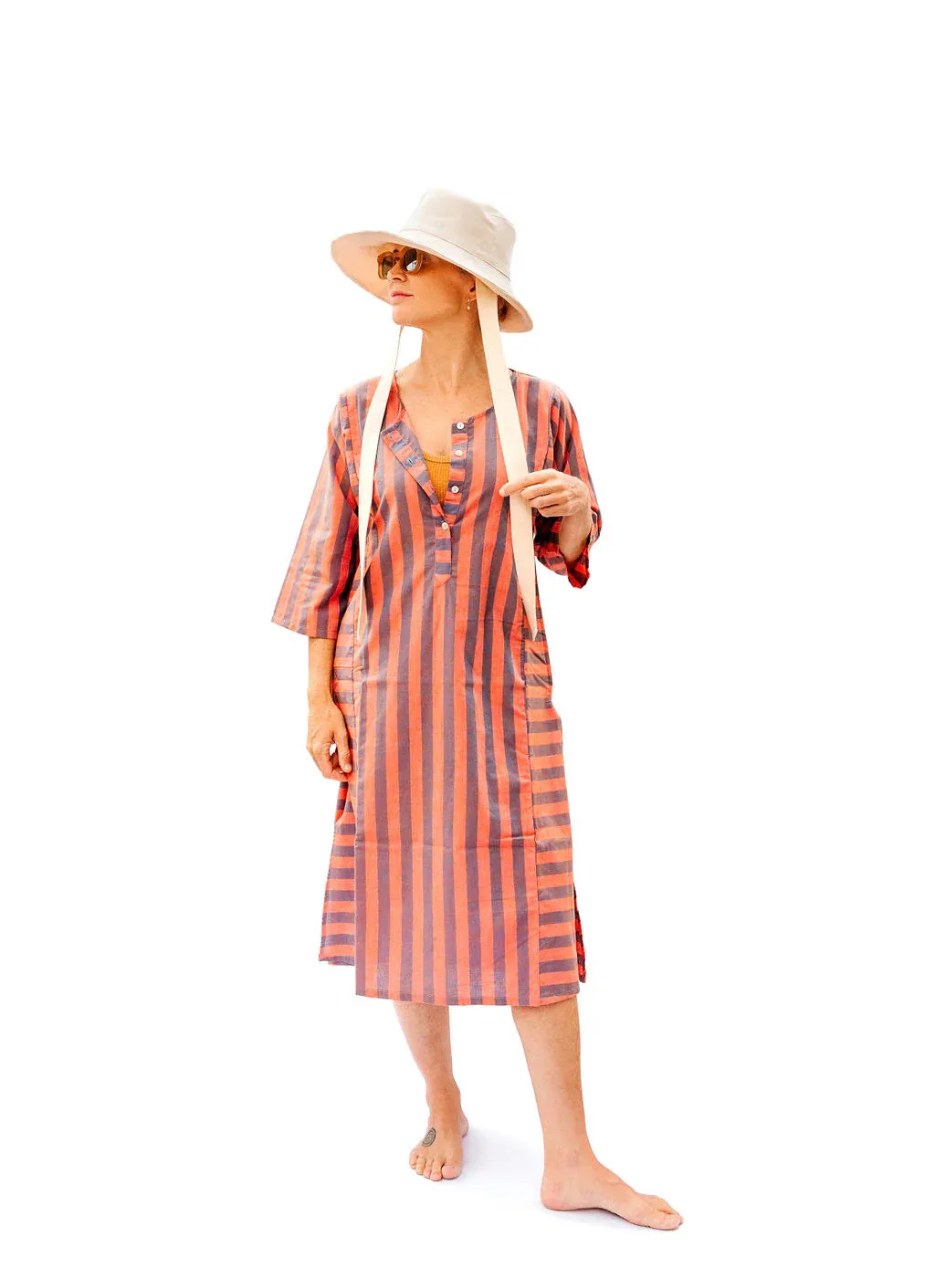 Punkwasp Beach Tunic Dress Coral & Grey Stripe