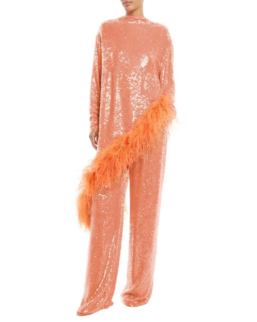 Asymmetrical Coral Tunic with Sequin & Feather Detail