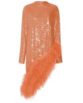 Asymmetrical Coral Tunic with Sequin & Feather Detail