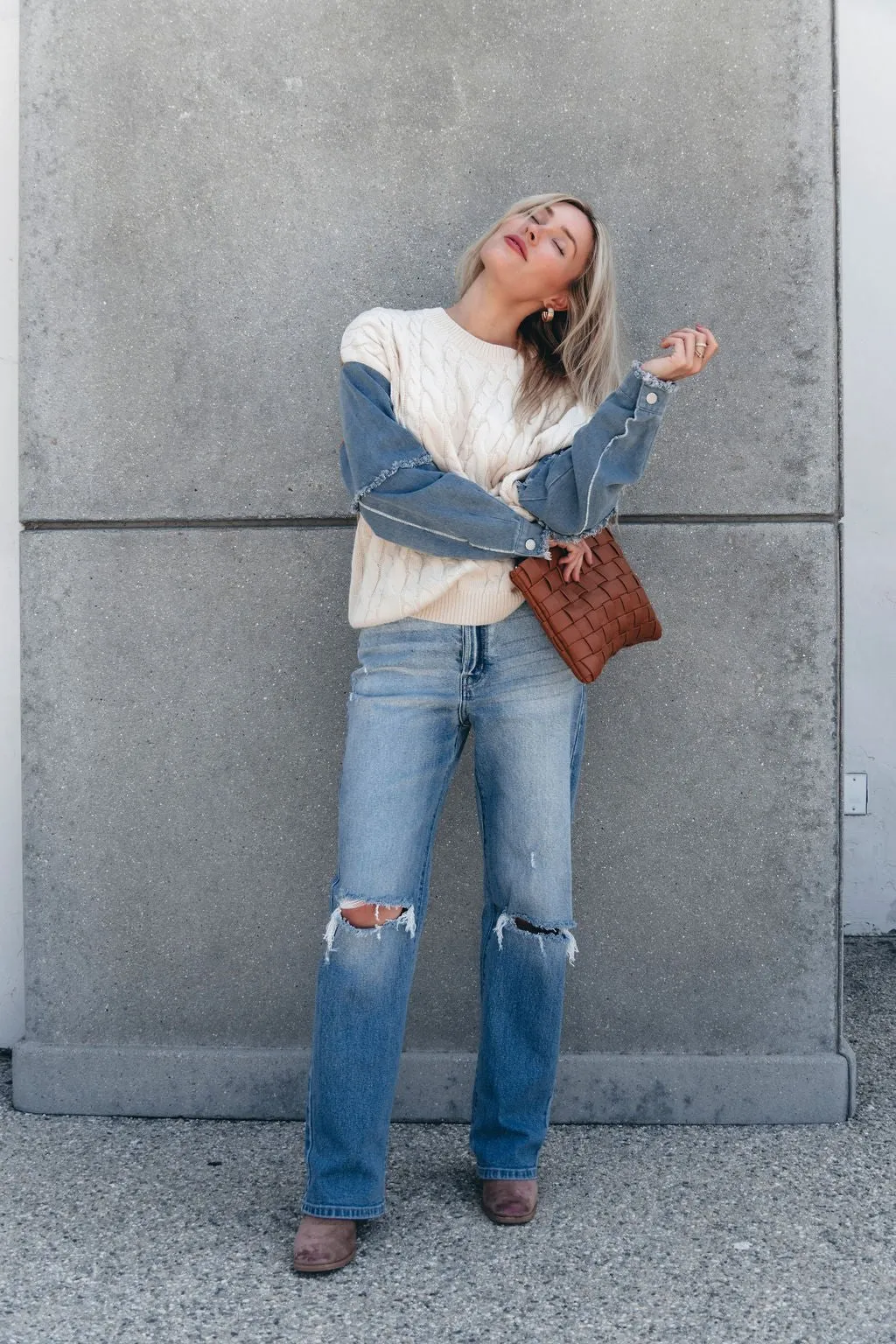 Cream Denim Cable Knit Sweater