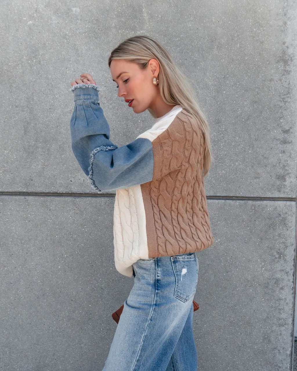 Cream Denim Cable Knit Sweater