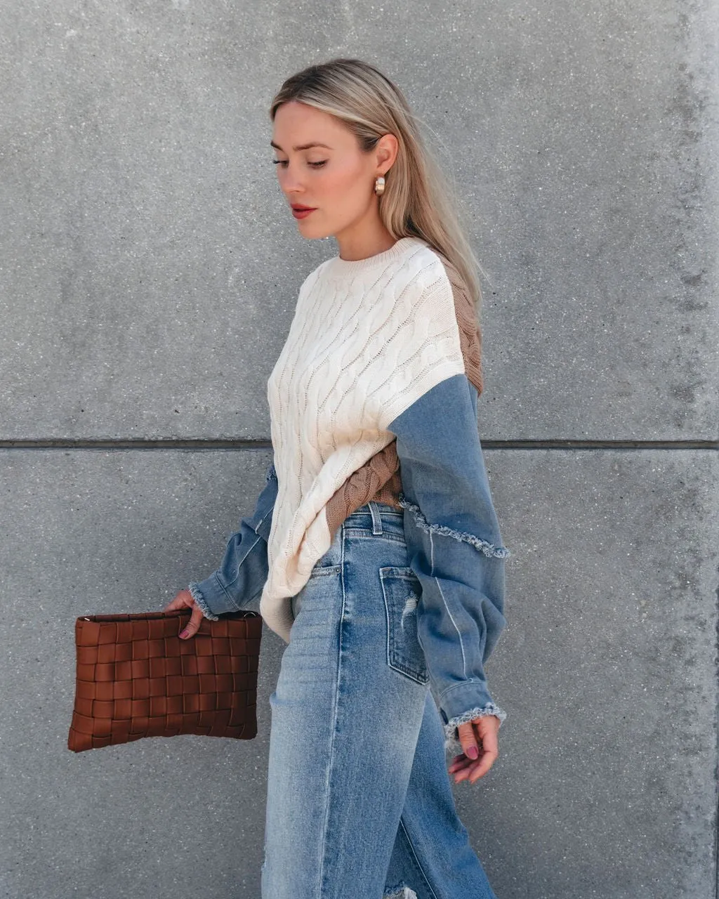 Cream Denim Cable Knit Sweater