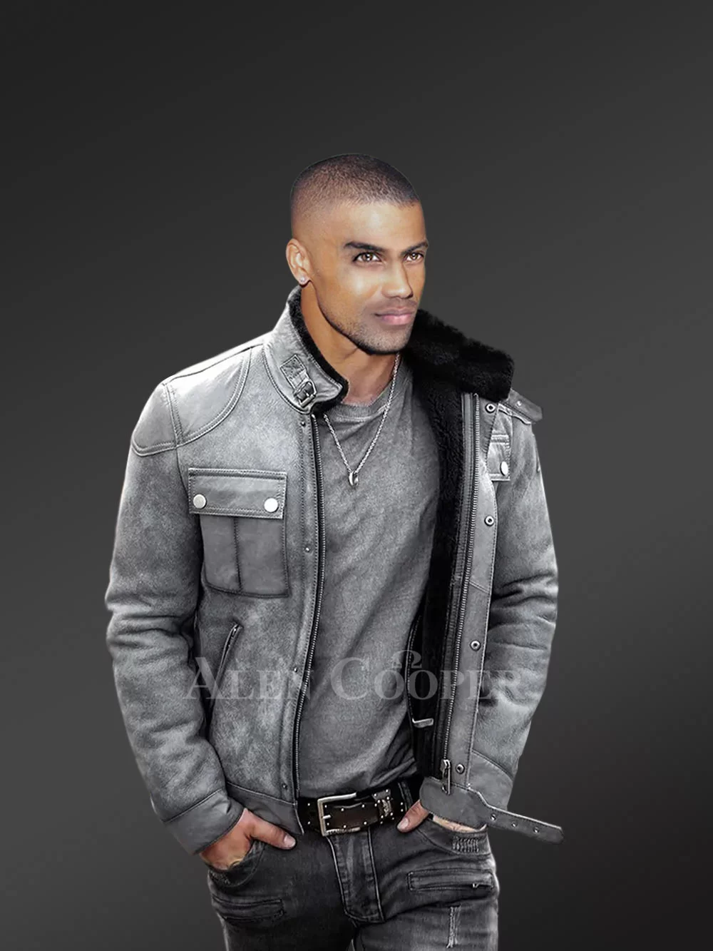 Distressed Grey Shearling Jacket