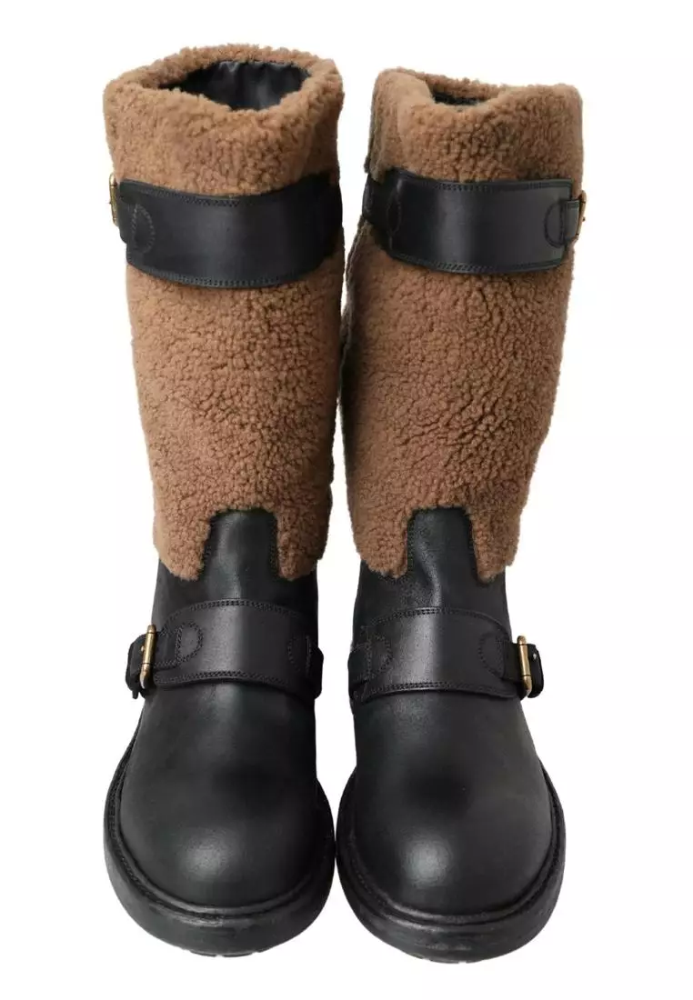 Black Leather Brown Shearling Boots by Dolce & Gabbana