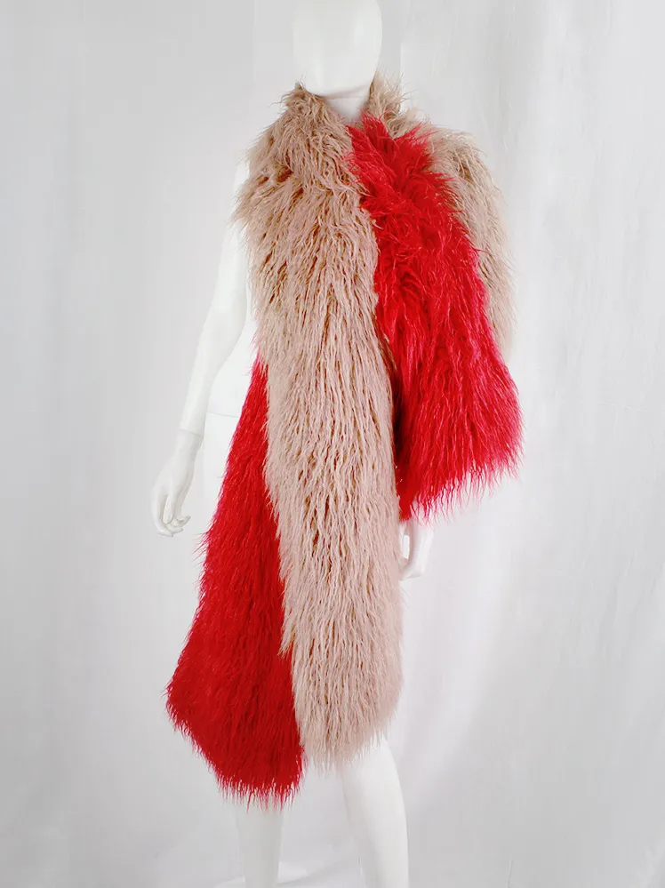 Dries Van Noten salmon red oversized shaggy faux fur scarf fall 2018