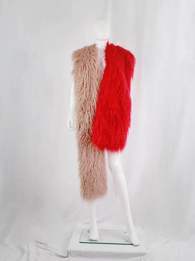 Dries Van Noten salmon red oversized shaggy faux fur scarf fall 2018